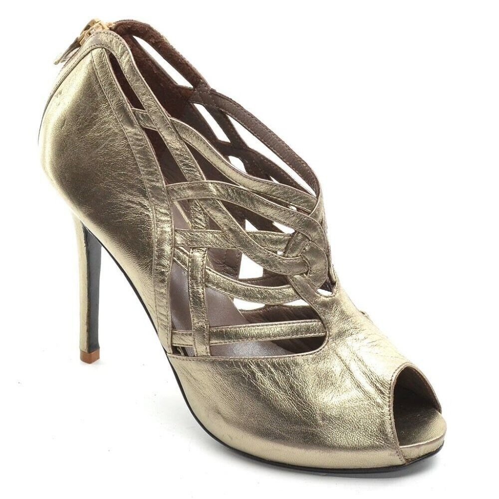 H | Williams Gold Leather Back Zip Strappy Pumps 36 New